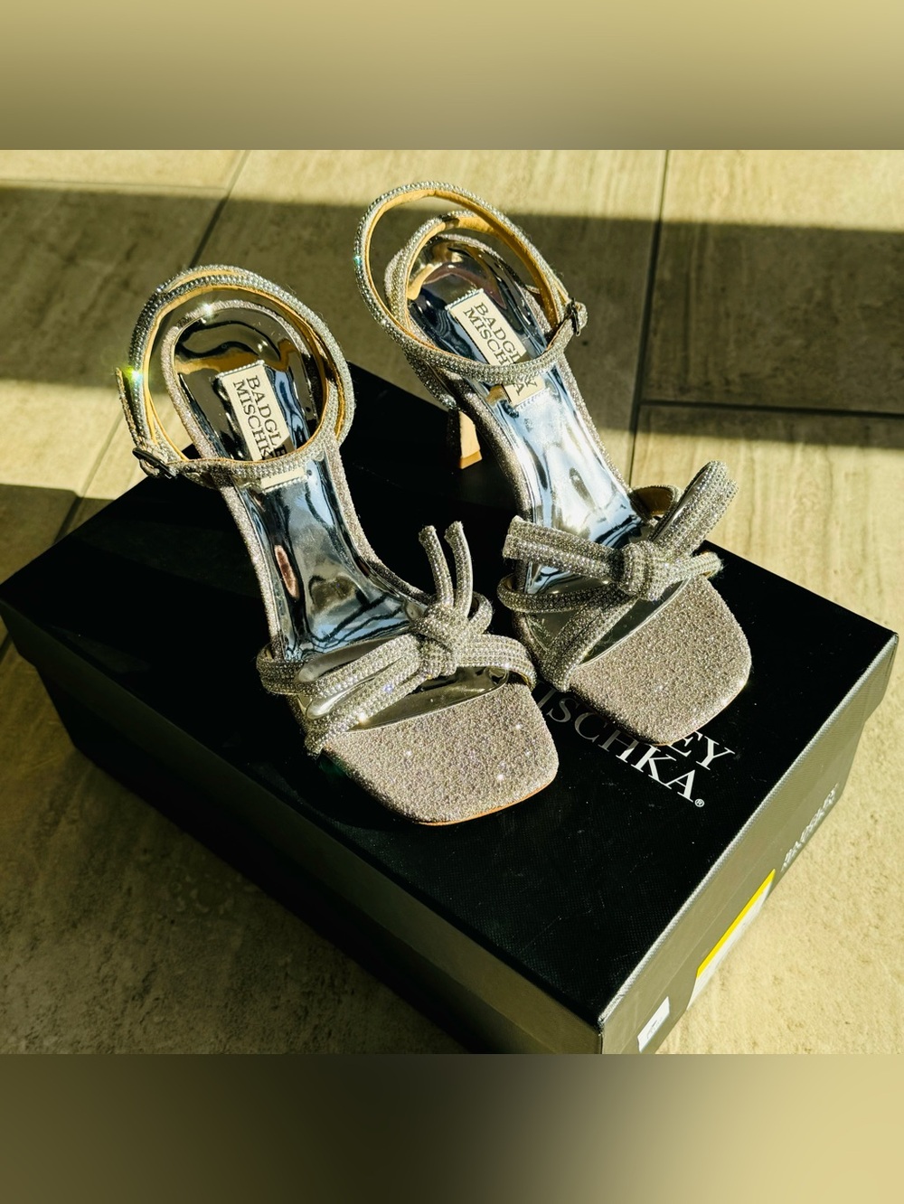 BADGLEY MISCHKA ‘Effie’ Silver Antique Crystal Bow Ankle-Strap Heels Size 5